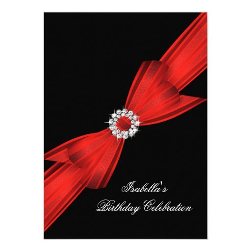 Glitter Red Diamond Bow Black Birthday Party 2 Personalized Announcements