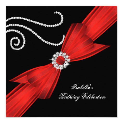 Glitter Red Diamond Bow Black Birthday Party 3 Invitations