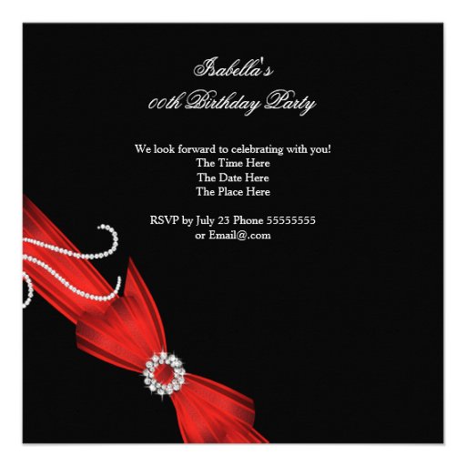 Glitter Red Diamond Bow Black Birthday Party 3 Invitations