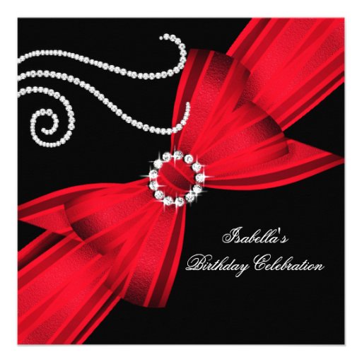 Glitter Red Diamond Bow Black Birthday Party 3a Announcement
