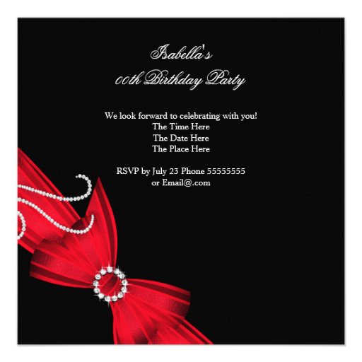Glitter Red Diamond Bow Black Birthday Party 3a Announcement