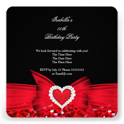 Glitter Red Heart Bow Black Birthday Party Custom Invitations