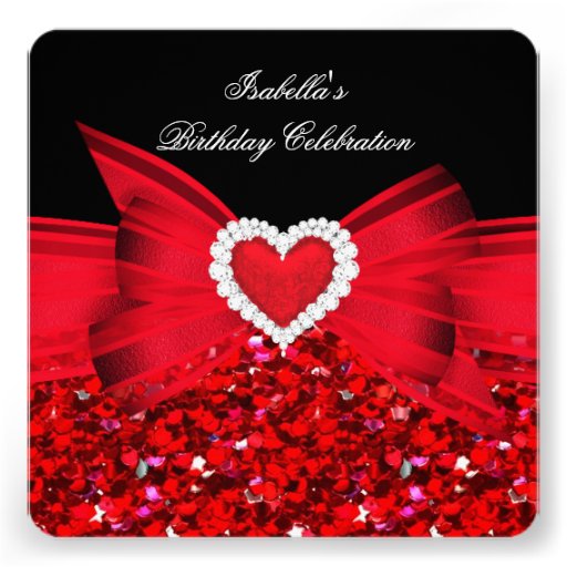 Glitter Red Heart Bow Black Birthday Party Custom Invitations