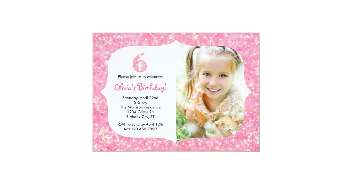 Glitter Sixth Birthday Invitation Zazzle