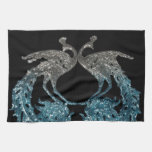 Glitter Sliver and Blue Peacock Kitchen Towel