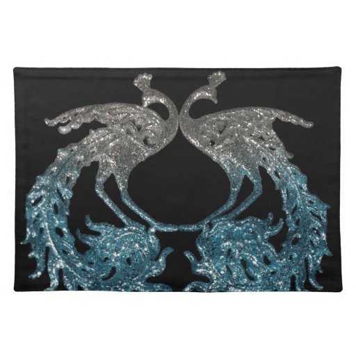 Glitter Sliver and Blue Peacock Place Mats
