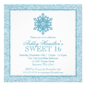 Glitter Snowflake Teal Sweet 16 Winter Wonderland Personalized Invitations