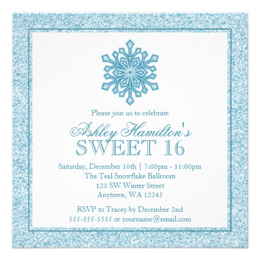 Glitter Snowflake Teal Sweet 16 Winter Wonderland Personalized Invitations