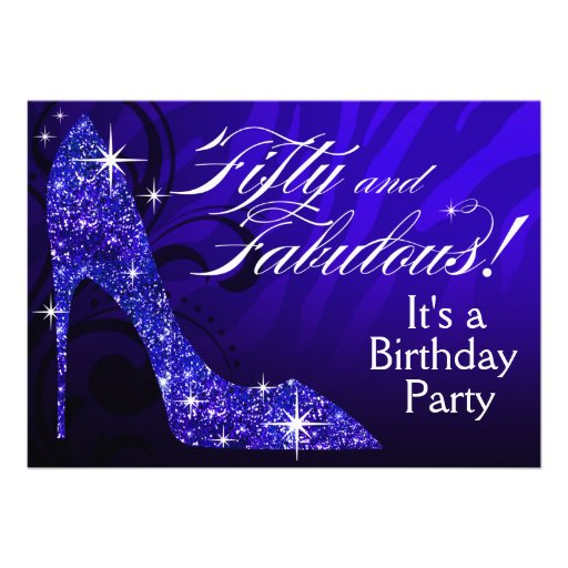 Glitter Stiletto Zebra 50 & Fabulous Birthday blue Custom Invites