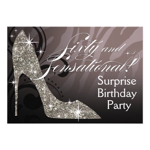 Glitter Stiletto Zebra 60 & Sensational Birthday Personalized Invites (front side)