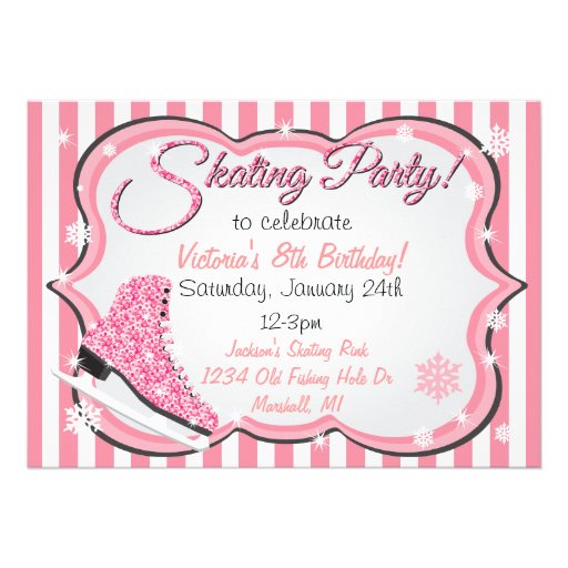 Glittering Sequin Pink Ice Skating Party Invites