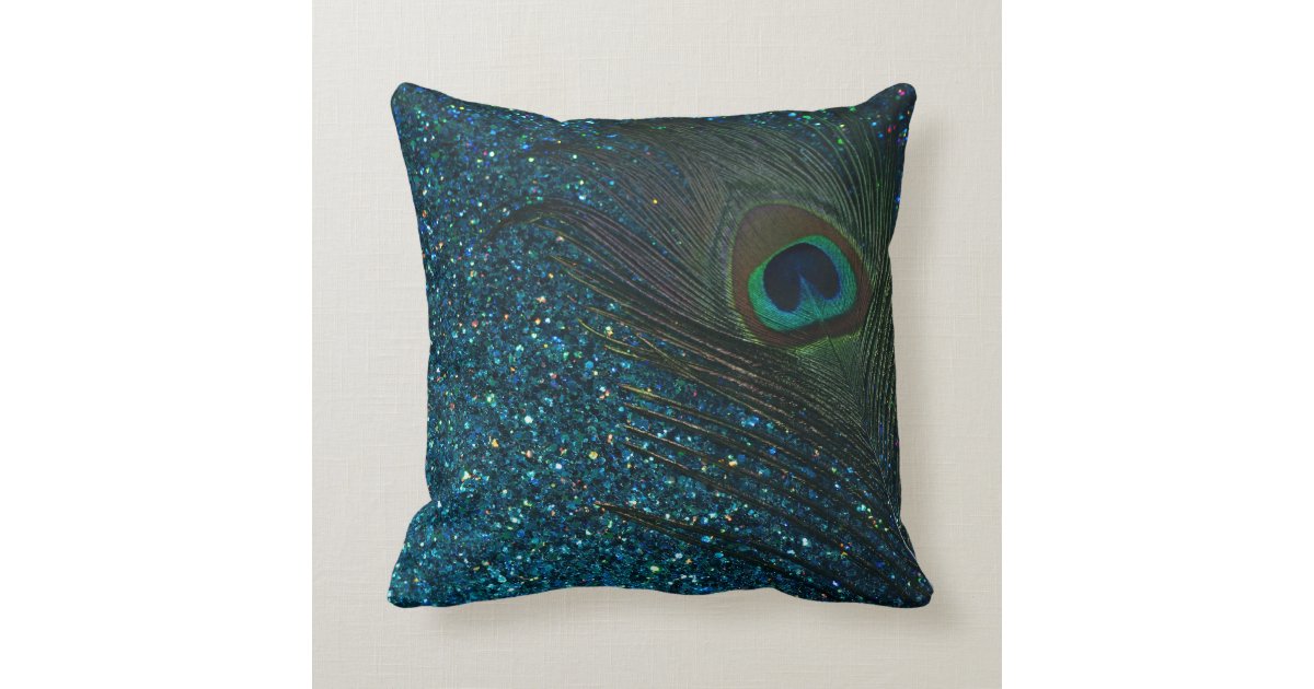Glittery Aqua Peacock Feather Throw Pillow Zazzle