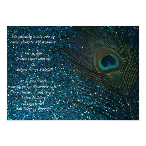Glittery Aqua Peacock Wedding Announcement