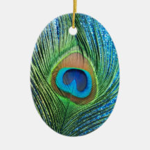Glittery Blue Peacock Feather Still Life Christmas Ornament