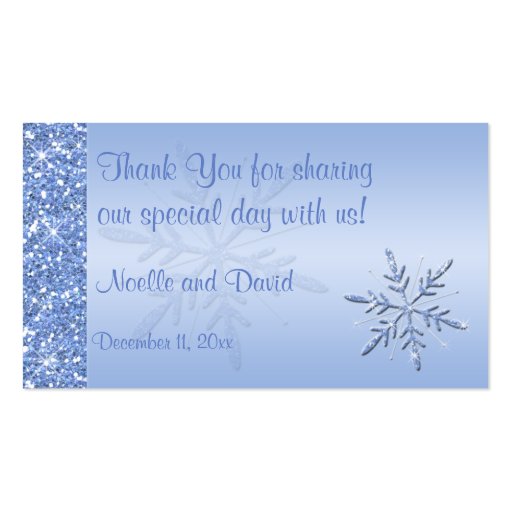 Glittery Blue Snowflakes Wedding Favor Tag Business Card Template (front side)