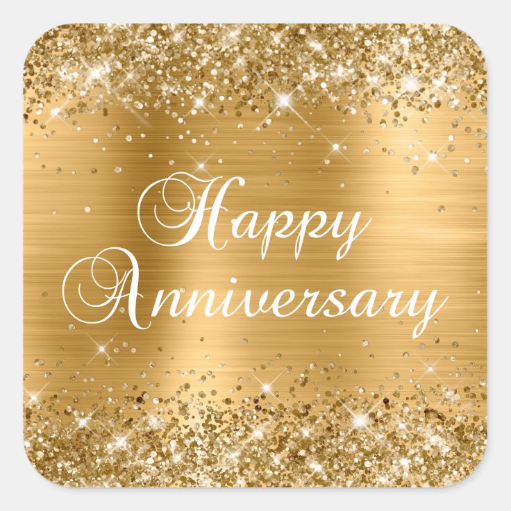 Glittery Gold Foil Happy Anniversary Square Sticker Zazzle