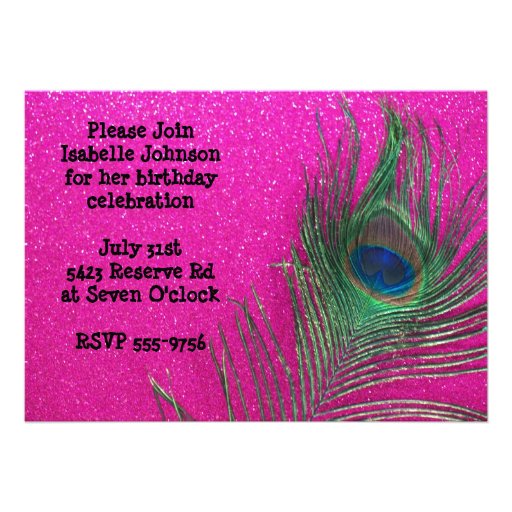 Glittery Pink Peacock Birthday Invitation
