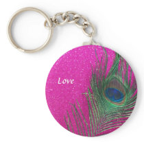 Glittery Pink Peacock Feather Keychains
