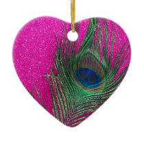 Glittery Pink Peacock Feather Christmas Ornament