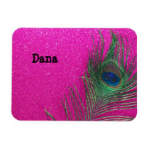 Glittery Pink Peacock Feather Vinyl Magnets