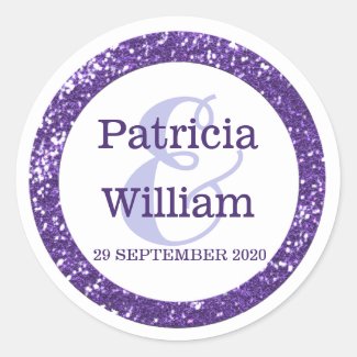 Glittery Purple Glitter Wedding Names Classic Round Sticker