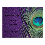 Glittery Purple Peacock Save the Date Postcard