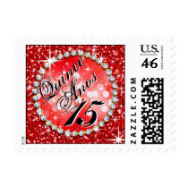 Glitz Glam Bling Quinceañera Celebration red Postage Stamps