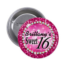 Glitz Glam Bling Sweet 16 Celebration fuschia Button