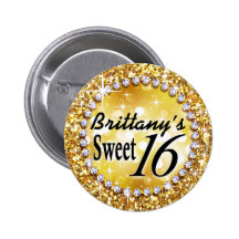 Glitz Glam Bling Sweet 16 Celebration gold brite Pinback Buttons