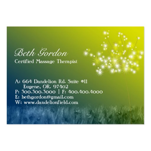 Glitzy Dandelions Massage | Spa Business Cards (back side)