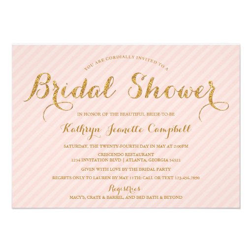 Glitzy Gold Glitter Bridal Shower Invite - Blush (front side)