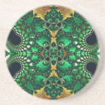 Glossy Green Gold Trippy  Fractal Pattern Beverage Coaster