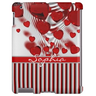 Glossy Red Hearts Silver Liquid Swirl Gray Stripes