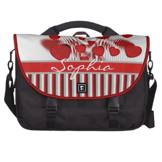 Glossy Red Hearts Silver Liquid Swirl Gray Stripes Laptop Commuter Bag