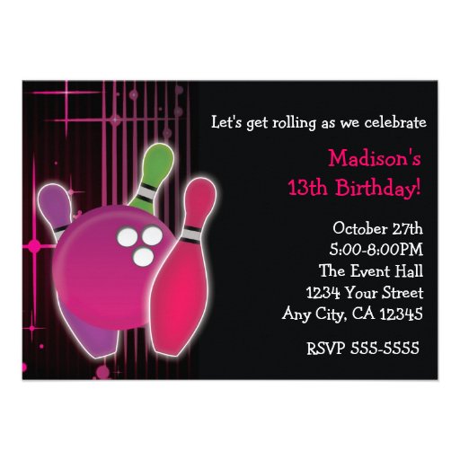 Glow Bowling Bowl Girls Birthday Party Invitation