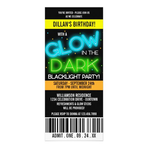 Glow in the Dark Birthday Party Custom Announcements