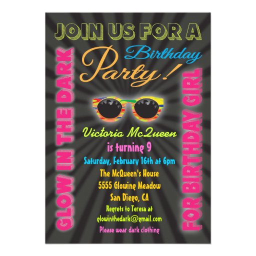 Glow in the Dark Girl Birthday Party Invitations