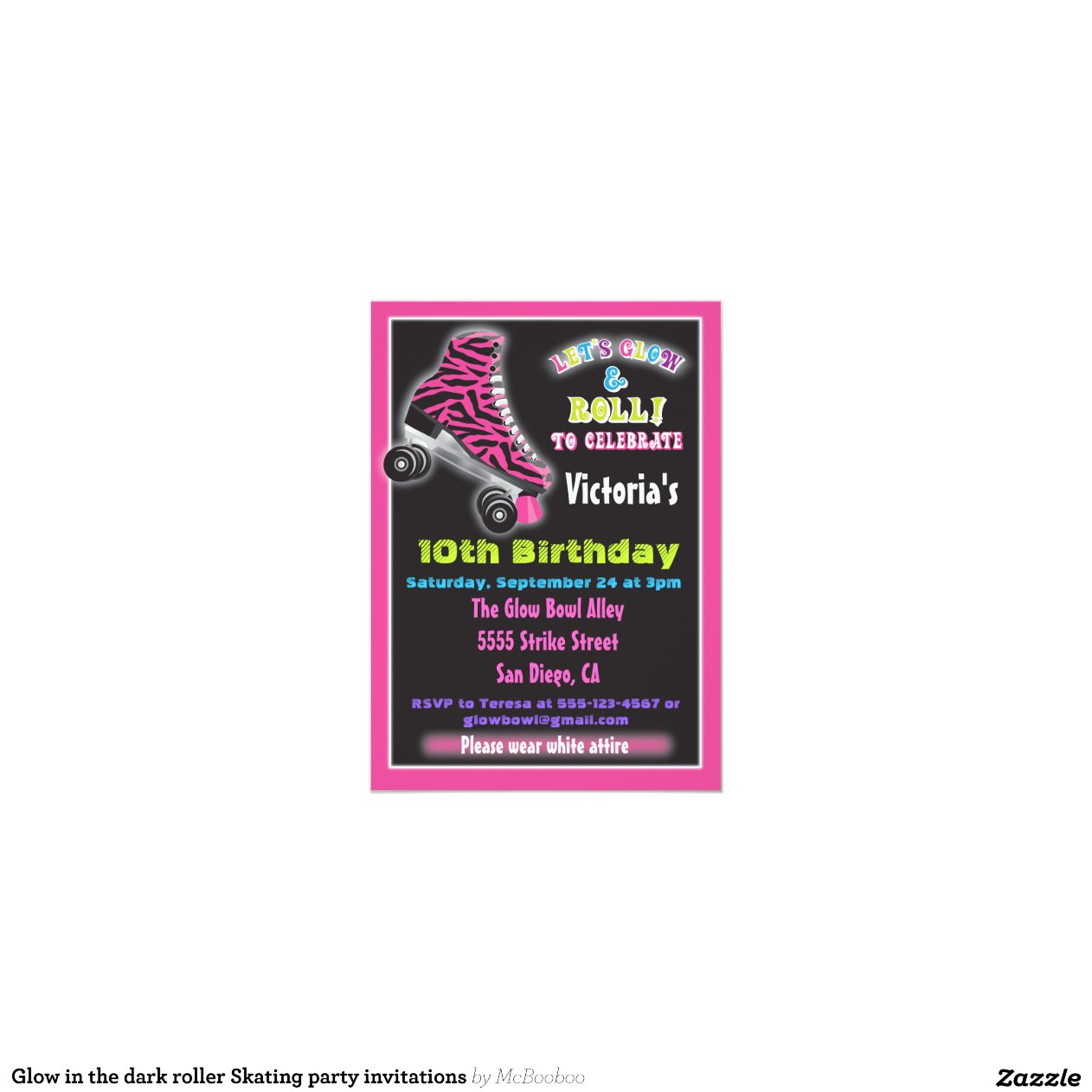 Glow in the dark roller Skating party invitations 5" X 7" Invitation