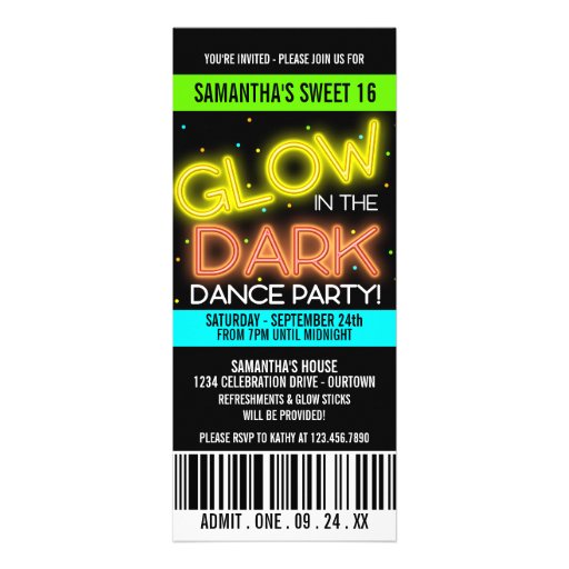 Glow in the Dark Sweet 16 Party Personalized Invitations