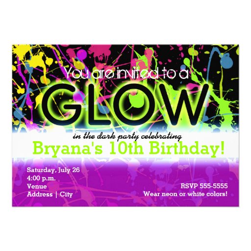 Glow Neon Paint Splatter Birthday Party Invitation Custom Announcements