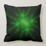 Glowing Green Fractal Explosion Throw Pillow