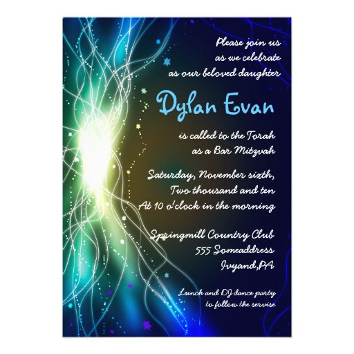 Glowing Neon Stars Bar Mitzvah Invitation blue (front side)