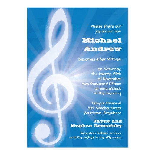 Glowing Treble Clef Bar-Bat Mitzvah Personalized Invites (front side)