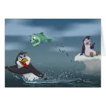 "Go Fish" Penguin w/Background Greeting Card