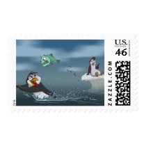 "Go Fish" Penguin w/Background Postage Stamp
