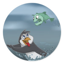 "Go Fish" Penguin w/Background Round Stickers