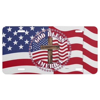 God Bless American With Waving Flag And Cross License Plate