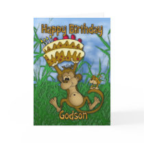 Godson Happy Birthday with monkey holding cake Greeting Card