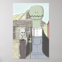 godzilla and an alien in "american gothic" posters