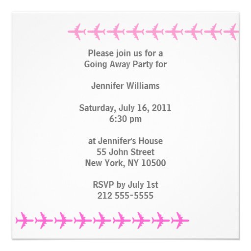 Going Away Party Invitation Card Plane Pink